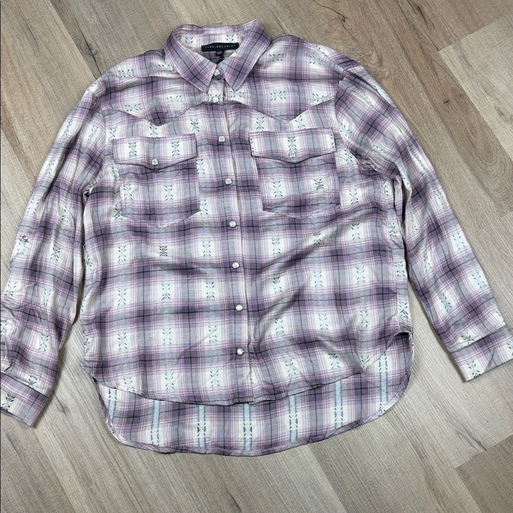 Jane + Delancey Purple Plaid Western Pearl Snap Embroidered Shirt NWT S